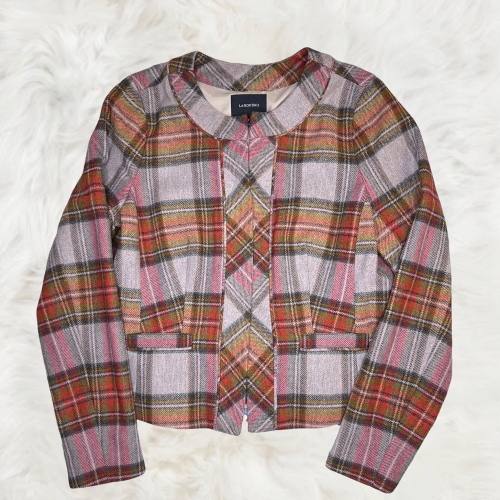 Lands End Women’s 8 Lined Wool Blazer Purple Plaid